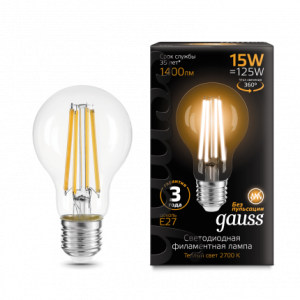 Лампа Gauss Filament А60 15W 1400lm 2700К Е27 LED 1/10/40